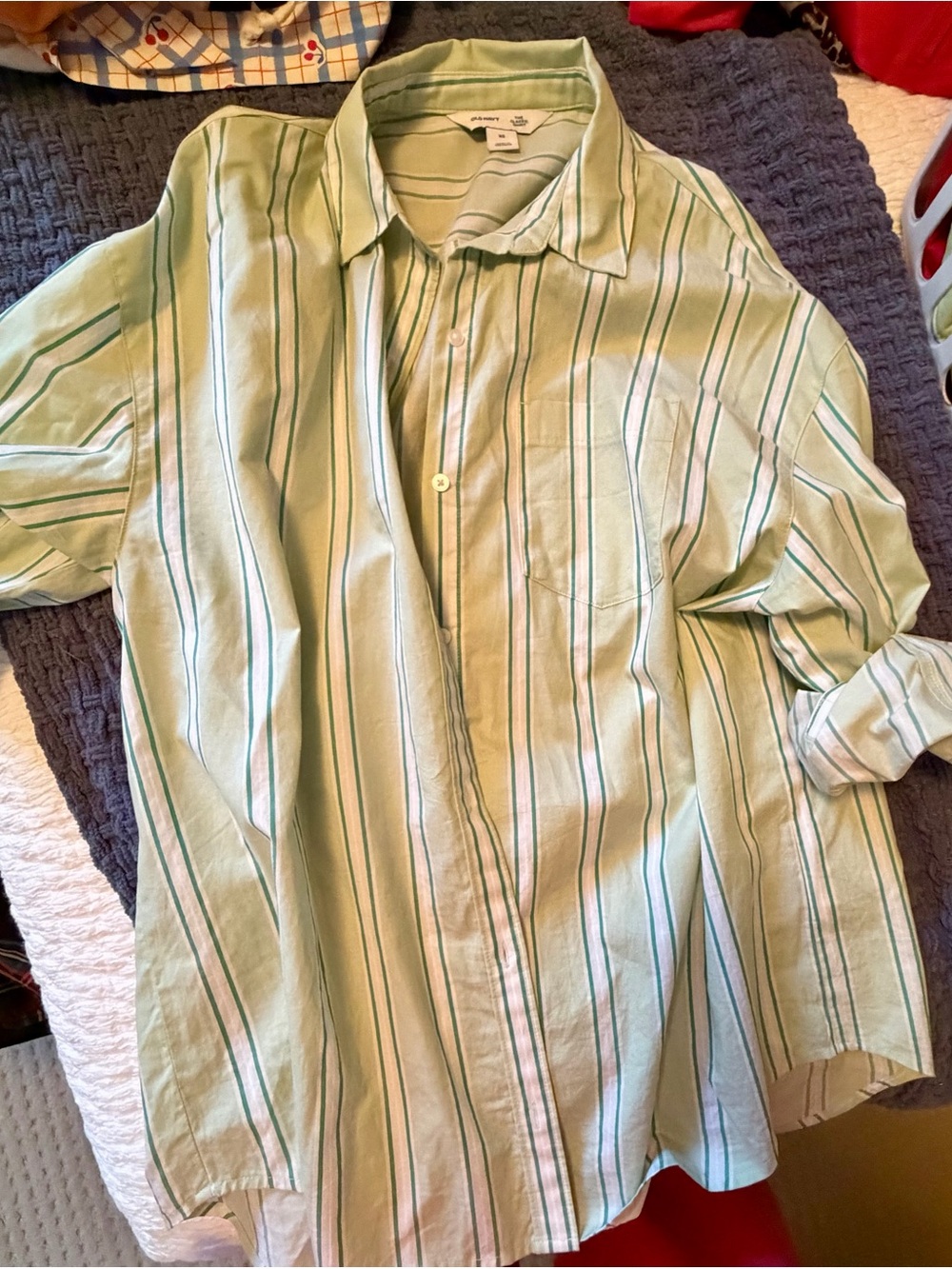 Old Navy Green and White Striped Button-Down Shirt